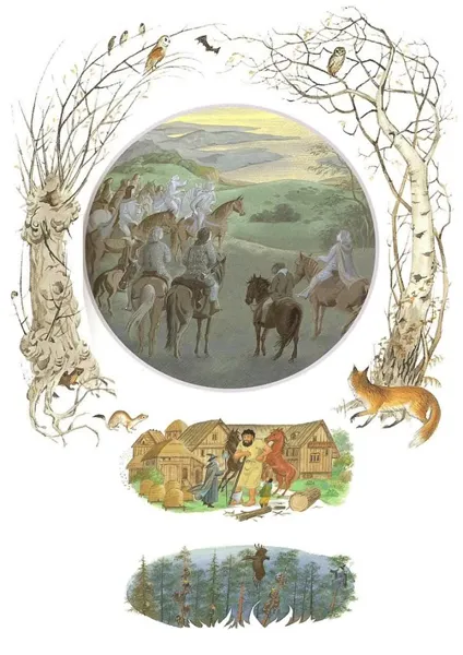 Illustration de Pauline Diana Baynes, pour l'édition anglaise de 1974 du poème de J.R.R. Tolkien L'Album de Bilbo le Hobbit (Bilbo's Last Song), publié par George Allen and Unwin.