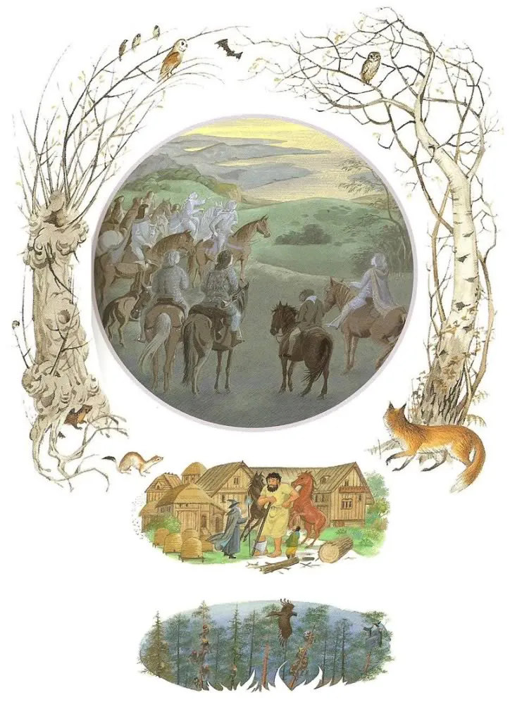 Illustration de Pauline Diana Baynes, pour l'édition anglaise de 1974 du poème de J.R.R. Tolkien L'Album de Bilbo le Hobbit (Bilbo's Last Song), publié par George Allen and Unwin.