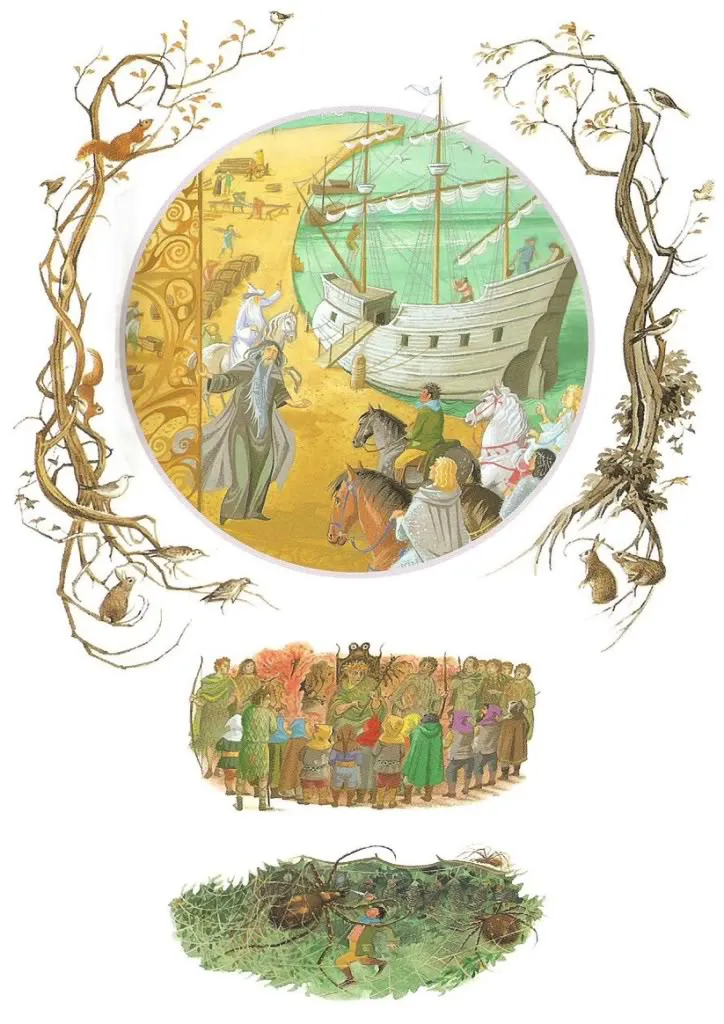 Illustration de Pauline Diana Baynes, pour l'édition anglaise de 1974 du poème de J.R.R. Tolkien L'Album de Bilbo le Hobbit (Bilbo's Last Song), publié par George Allen and Unwin.