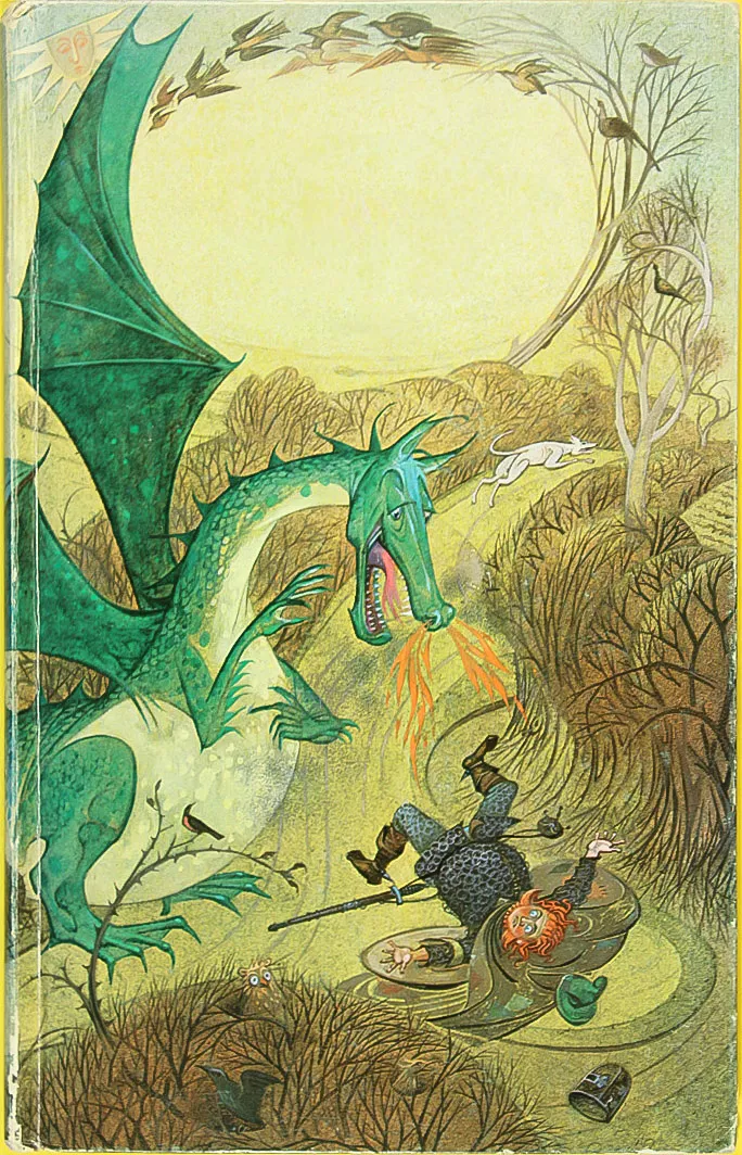 Illustration de Pauline Diana Baynes, pour la première de couverture d'une lédition anglaise du roman de J.R.R. Tolkien Le Fermier Gilles de Ham (Farmer Giles of Ham), publié par George Allen and Unwin.