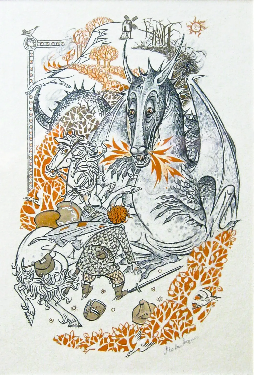 Illustration de Pauline Diana Baynes, pour le roman de J.R.R. Tolkien Le Fermier Gilles de Ham (Farmer Giles of Ham).