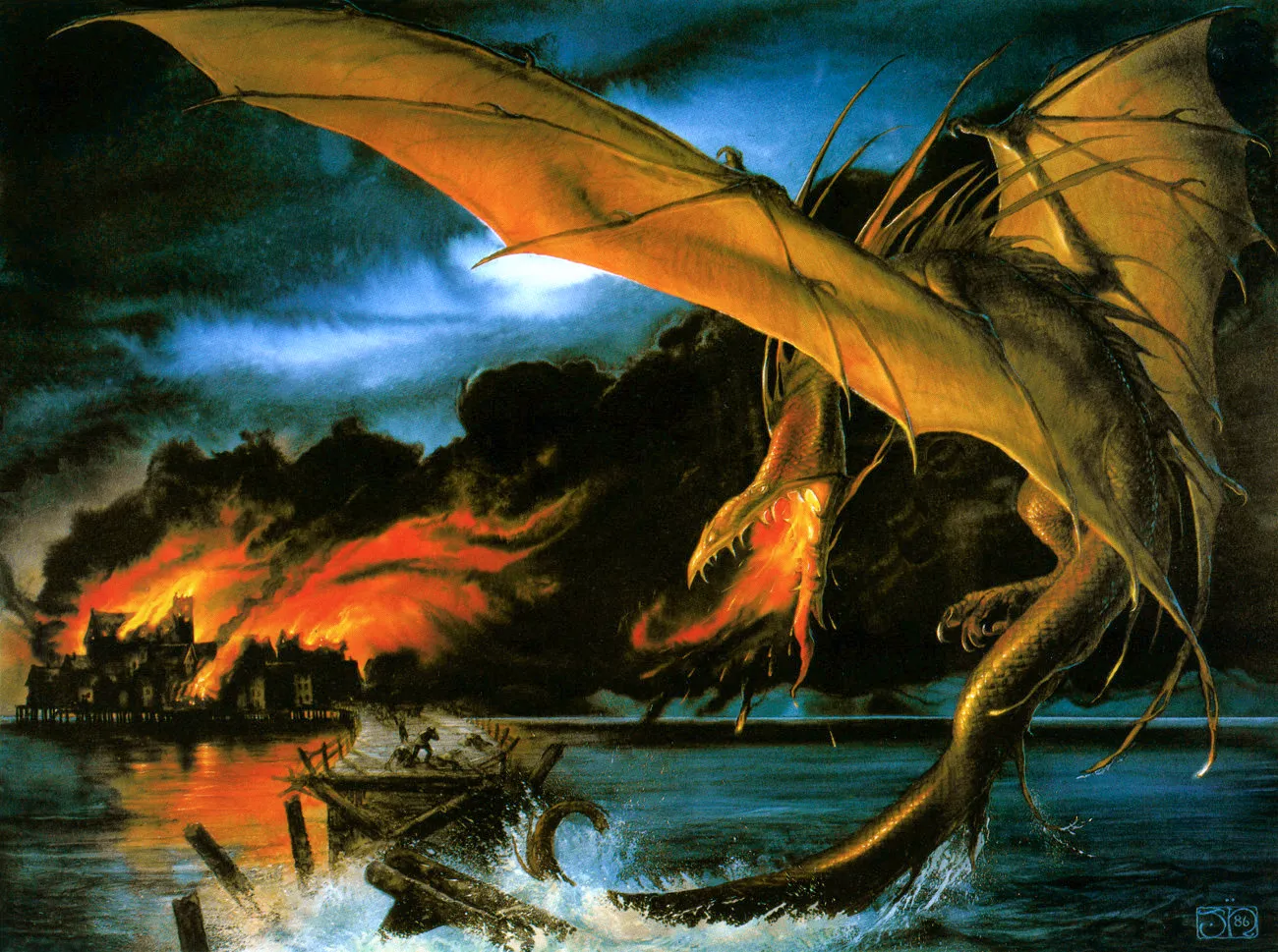 Illustration : Smaug Destroys Lake Town, par John Howe.