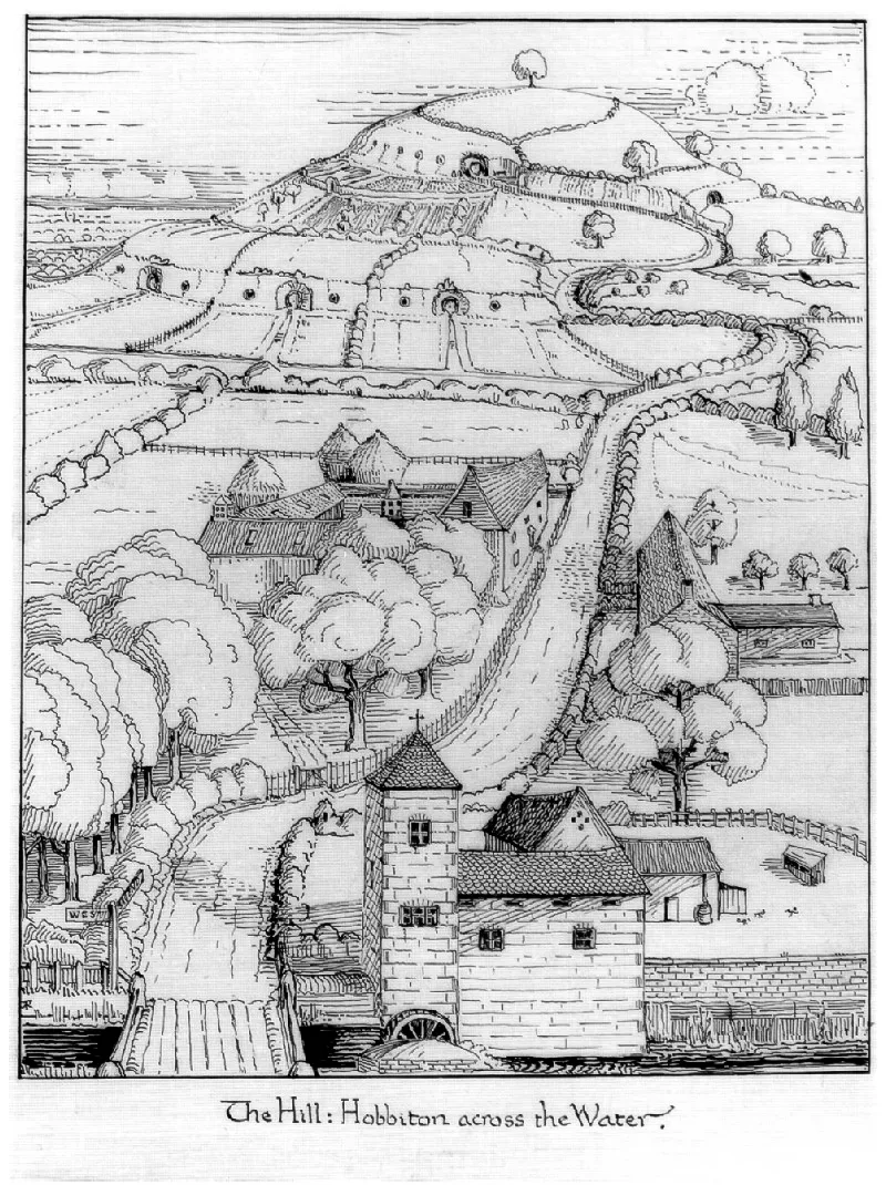 Illustration : The Hill: Hobbiton across the Water, par J.R.R. Tolkien.