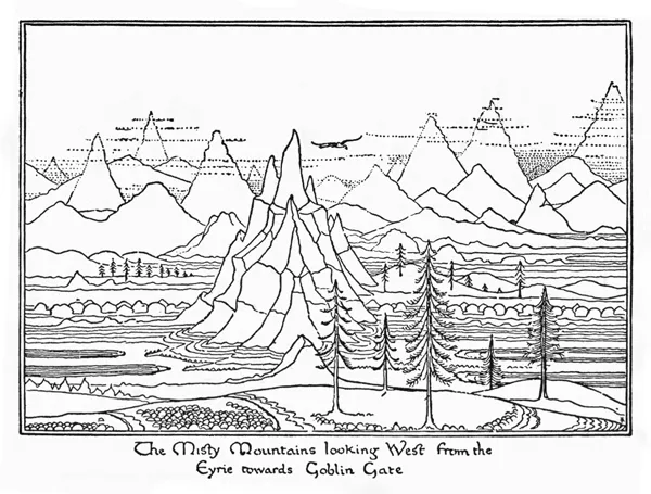 Illustration : The Misty Mountains looking West from the Eyrie towards Goblin Gate, par J.R.R. Tolkien.