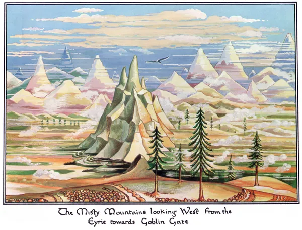 Illustration : The Misty Mountains looking West from the Eyrie towards Goblin Gate, par J.R.R. Tolkien.