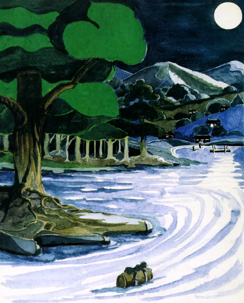 Illustration : Bilbo comes to the Huts of the Raft-elves, par J.R.R. Tolkien.