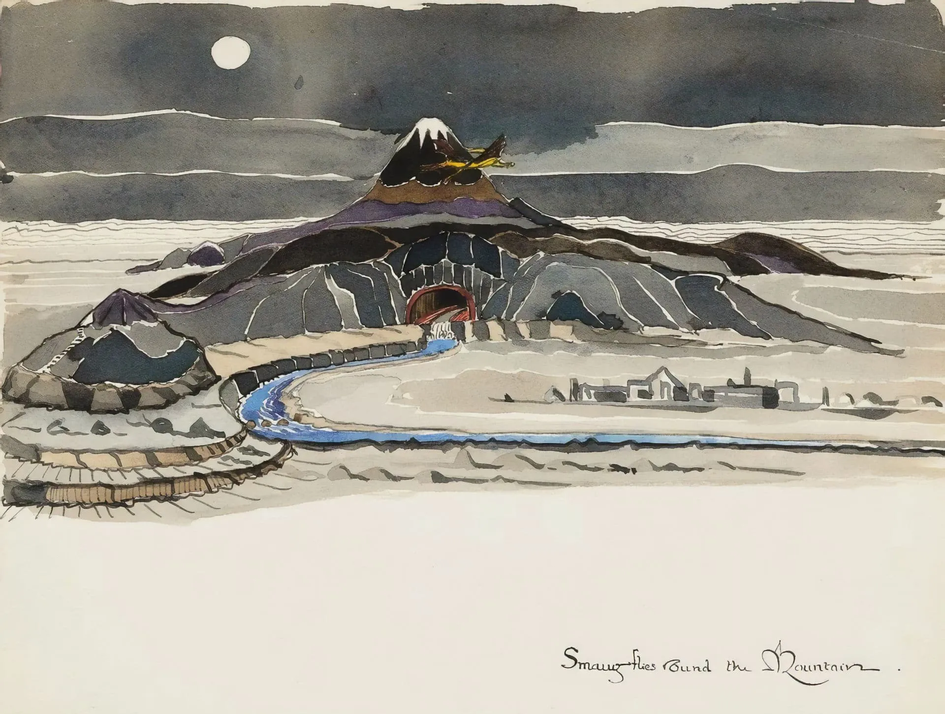 Illustration : Smaug flies round the Mountain, par J.R.R. Tolkien.