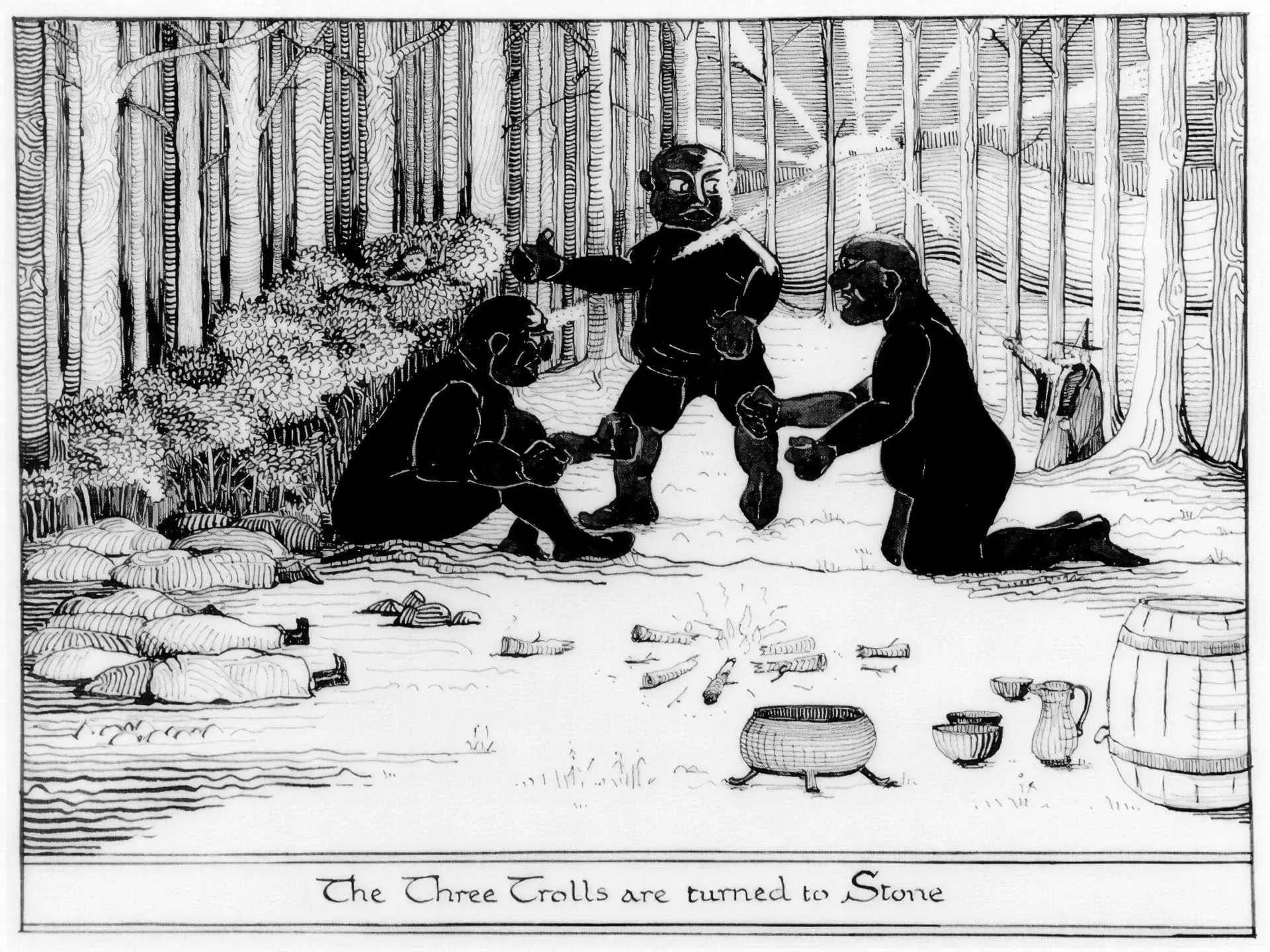 Illustration : The Three Trolls are turned to Stone, par J.R.R. Tolkien.