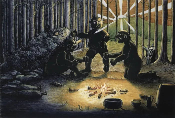 Illustration : The Three Trolls are turned to Stone, par J.R.R. Tolkien.