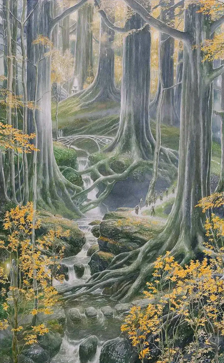 Illustration : The Fellowship Reach Lothlórien, par Alan Lee.