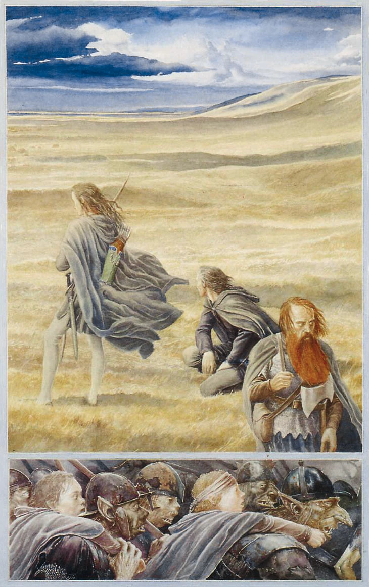 Illustration : The chase of Aragorn, Legolas and Gimli, par Alan Lee.
