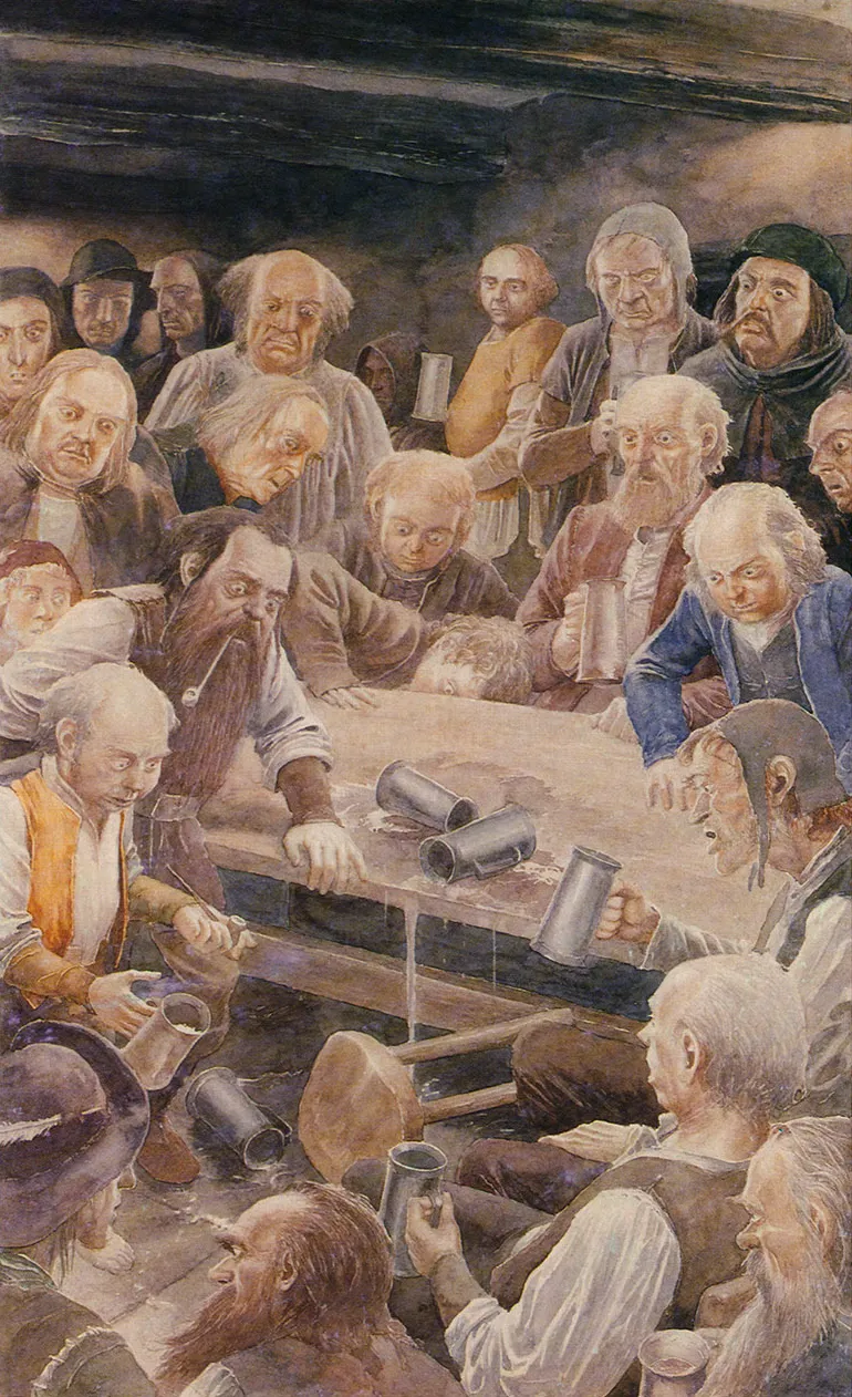 Illustration : Frodo disappears at Prancing Pony, par Alan Lee.