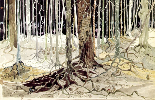 Illustration : Beleg finds Flinding in Taur-nu-Fuin, par J.R.R. Tolkien.