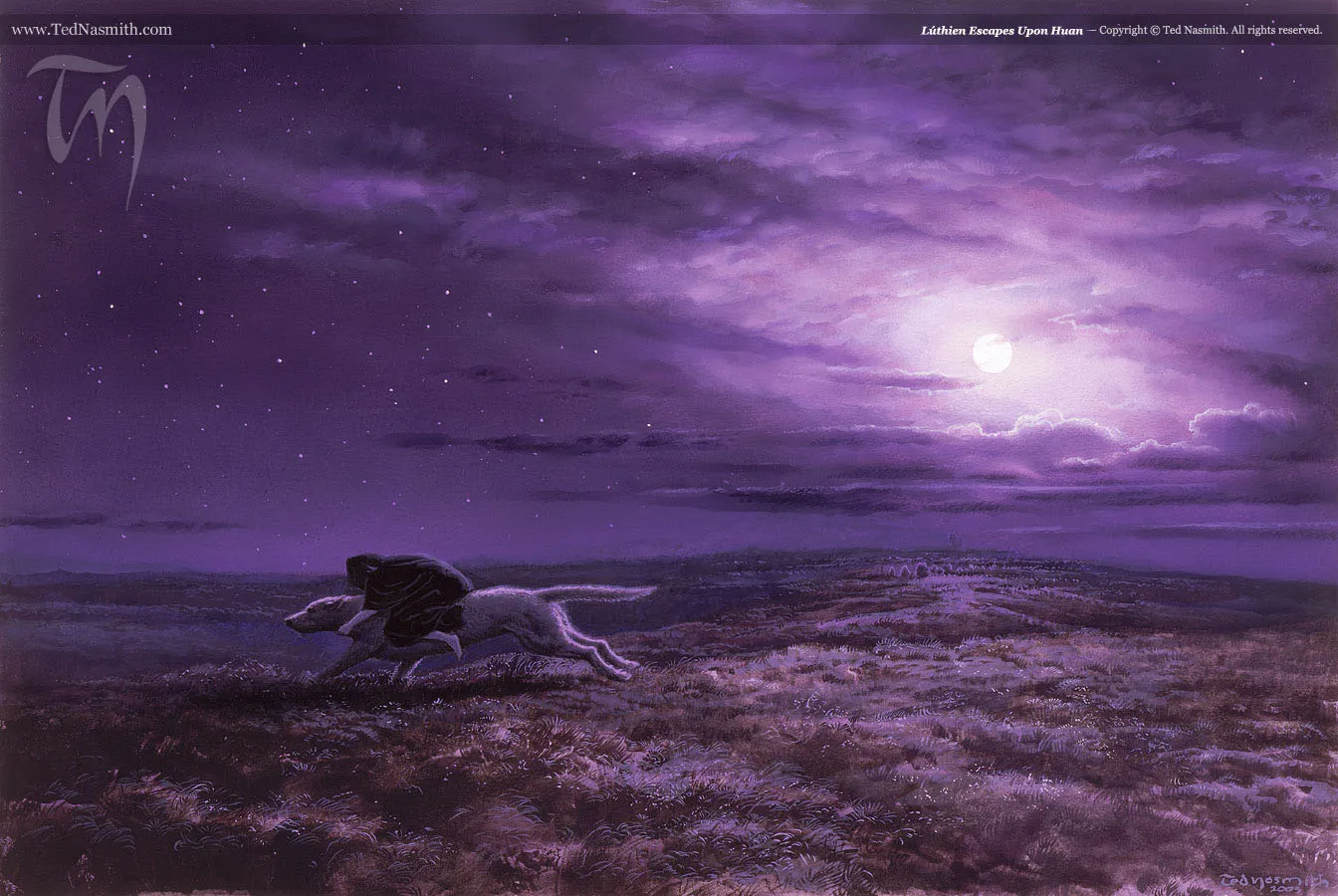 Illustration : Lúthien Escapes Upon Huan, par Ted Nasmith.