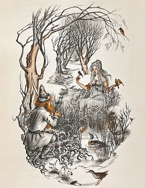 Illustration de Pauline Diana Baynes, pour l'édition anglaise de 1962 du recueil de poèmes de J.R.R. Tolkien Les Aventures de Tom Bombadil (The Adventures of Tom Bombadil), publié par George Allen and Unwin.