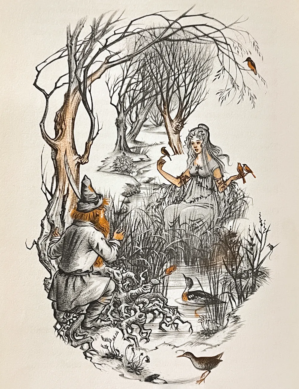 Illustration de Pauline Diana Baynes, pour l'édition anglaise de 1962 du recueil de poèmes de J.R.R. Tolkien Les Aventures de Tom Bombadil (The Adventures of Tom Bombadil), publié par George Allen and Unwin.